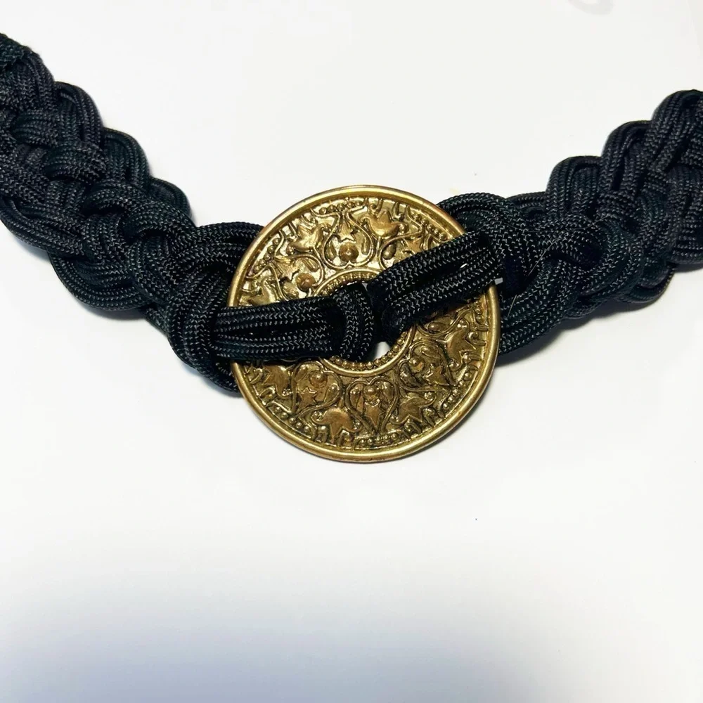 Vintage 90s Braided XL Belt Brass Medallion Stretch Boho Statement